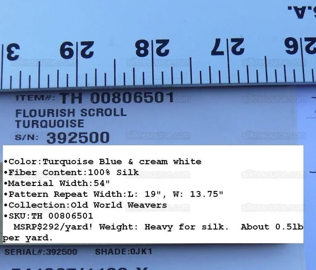 Bty Scalamandre 100% Silk Flourish Scroll Music Turquoise Blue MSRP USD 292/Y