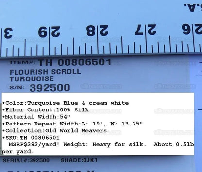 Bty Scalamandre 100% Silk Flourish Scroll Music Turquoise Blue MSRP USD 292/Y