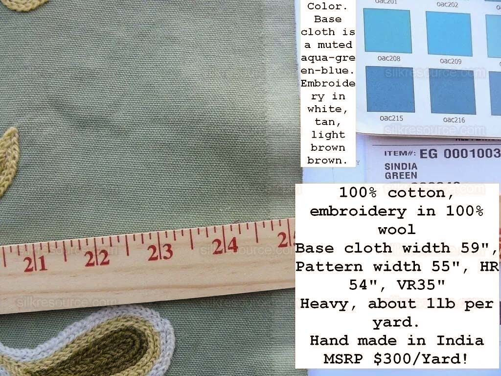 By YARD Scalamandre Sindia Green Aqua Blue Wool Crewel MSRP USD 300/Y