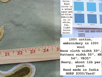 By YARD Scalamandre Sindia Green Aqua Blue Wool Crewel MSRP USD 300/Y