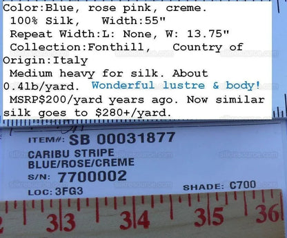 Bty Scalamandre Caribu Stripe Blue Rose Creme Silk MSRP USD 200/Y