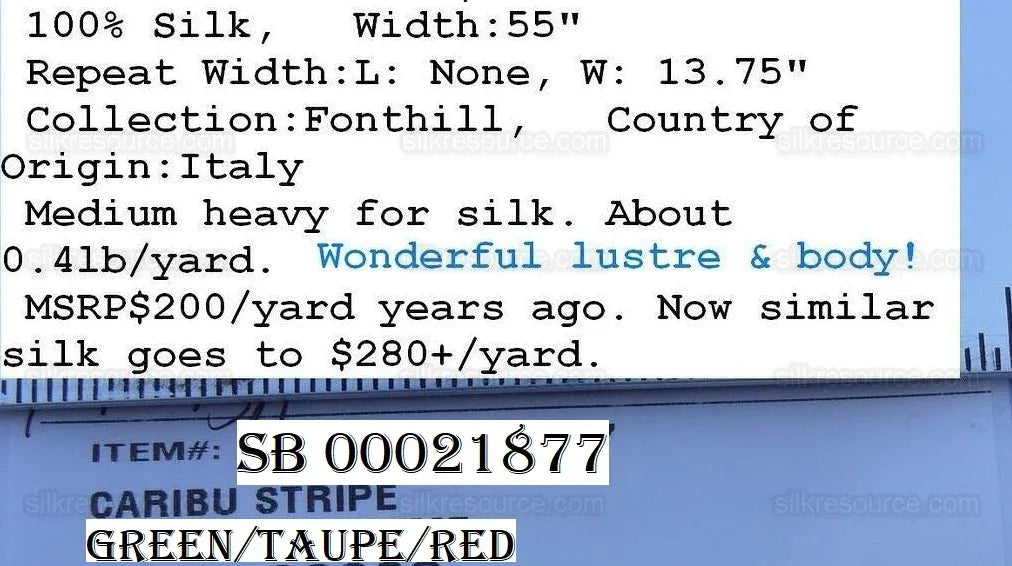 By Yd Scalamandre Caribu Stripe Green, Taupe, Red Silk Renaissance MSRP USD 200/Y