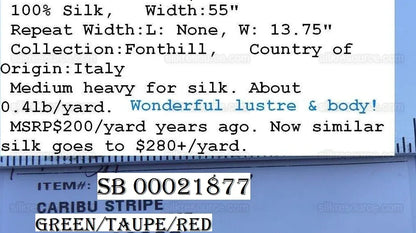 By Yd Scalamandre Caribu Stripe Green, Taupe, Red Silk Renaissance MSRP USD 200/Y