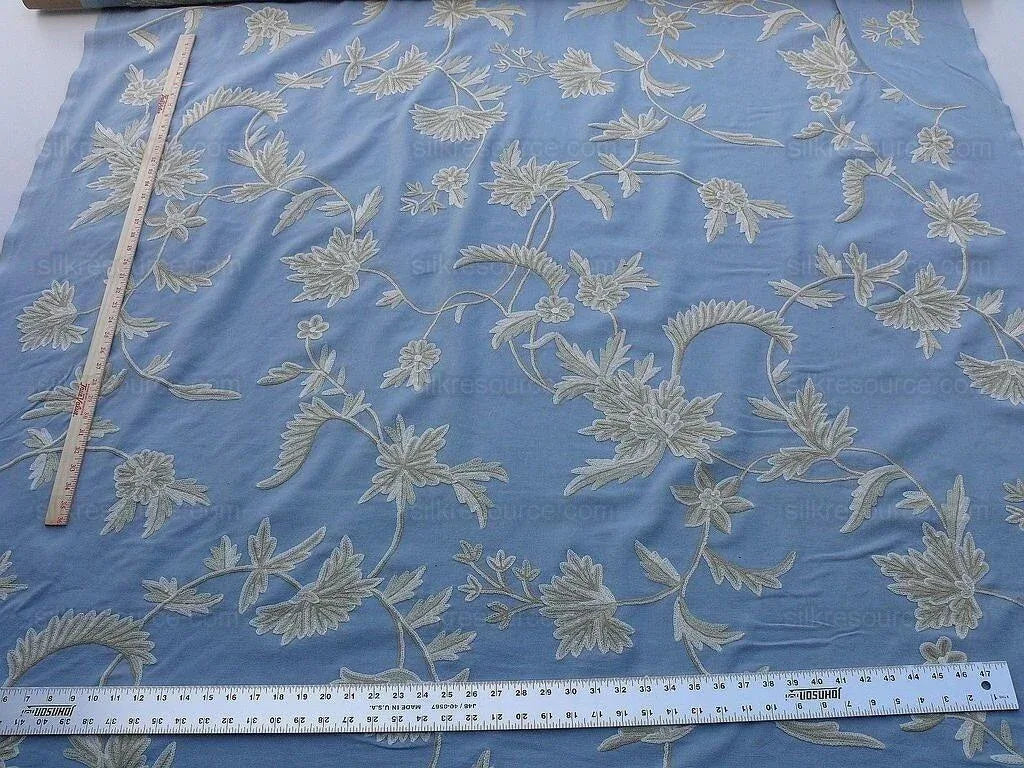 By Yd Scalamandre Sunil "Bay" Wool Embroidery Cotton Crewel Hand Made Serene Blue White Grey MSRP USD 272Y