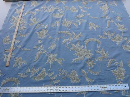 By Yd Scalamandre Sunil "Bay" Wool Embroidery Cotton Crewel Hand Made Serene Blue White Grey MSRP USD 272Y