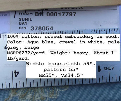 By Yd Scalamandre Sunil "Bay" Wool Embroidery Cotton Crewel Hand Made Serene Blue White Grey MSRP USD 272Y