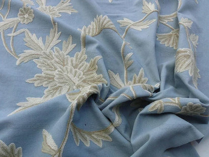 By Yd Scalamandre Sunil "Bay" Wool Embroidery Cotton Crewel Hand Made Serene Blue White Grey MSRP USD 272Y