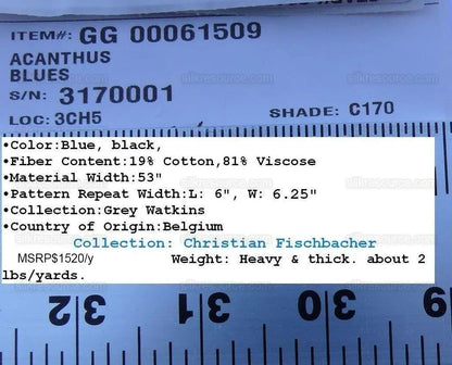 by yard  Scalamandre Acanthus Blues Silky Velvet Foliage MSRP USD 1520/y