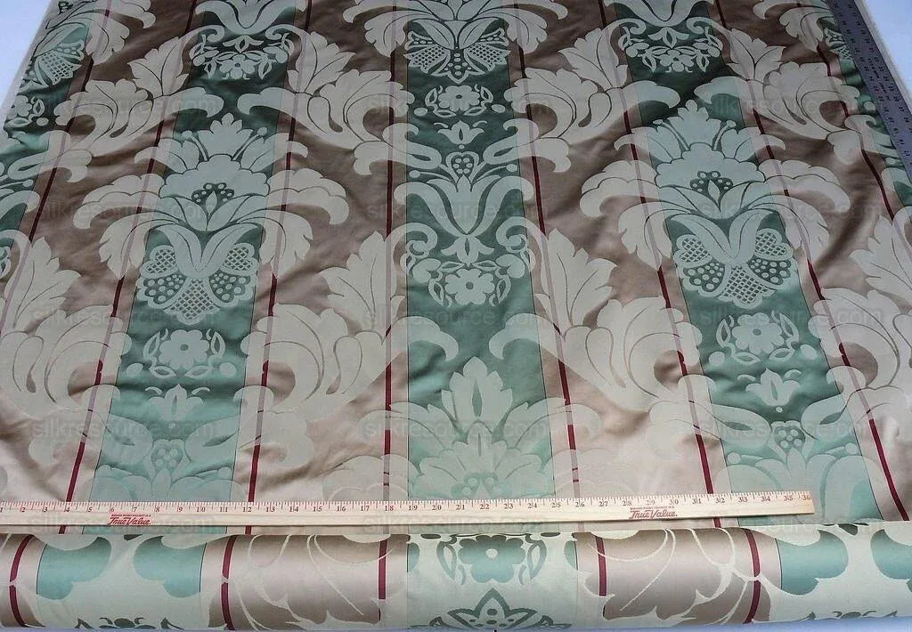 By Yd Scalamandre Caribu Stripe Green, Taupe, Red Silk Renaissance MSRP USD 200/Y