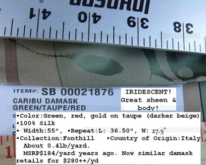 Bty Scalamandre Caribu Damask Green/taupe/red Silk Renaissance MSRP USD 184/Y