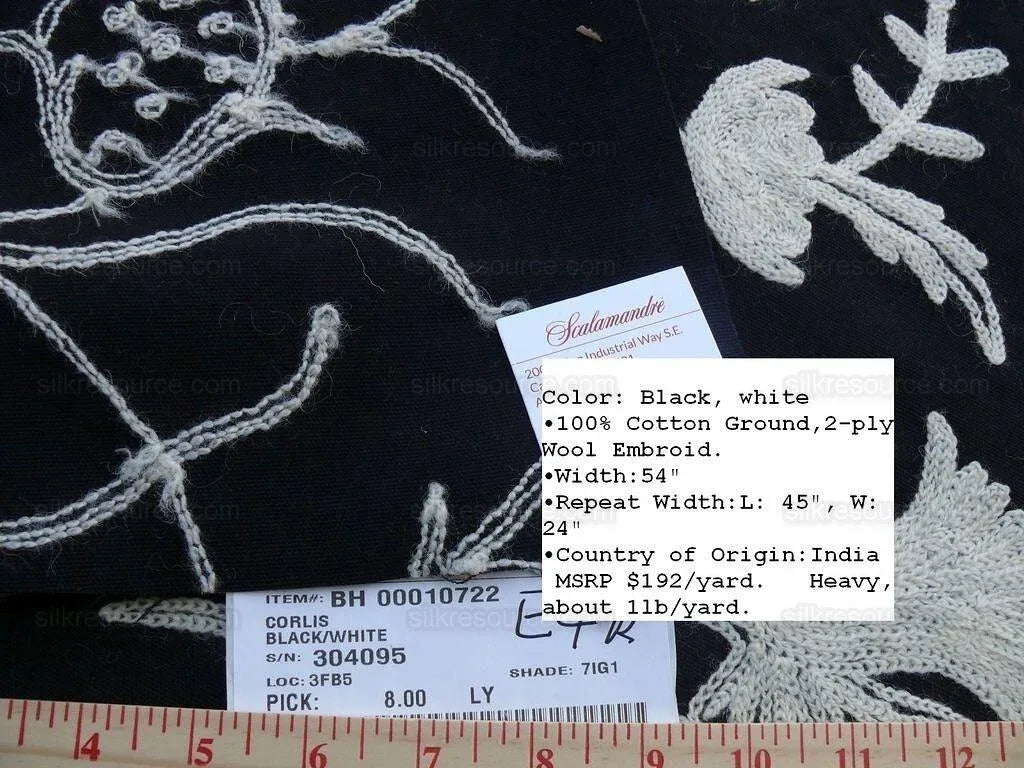 8y Scalamandre Corlis- Black/white Wool Crewel Floral MSRP USD 1536