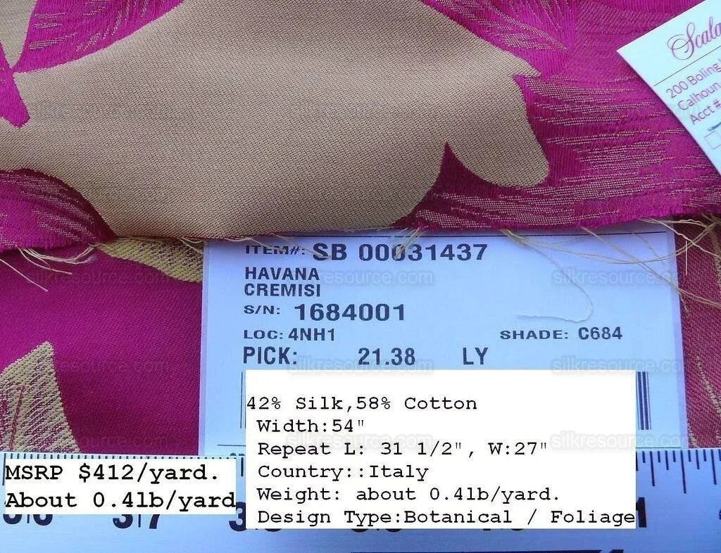 Scalamandre Havana Tropical Banana Cremisi Red Silk Lampas MSRP USD 412/Y