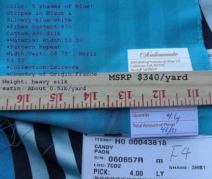 4y Scalamandre Lelievre Paris-paon Blue Silk Satin MSRP USD 1360/y