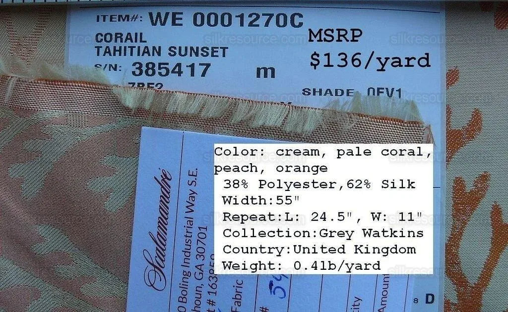 By yard Scalamandre Corail Grey Watkins Tahitian Sunset Orange Peach Coral Pink Cream MSRP USD 136/y