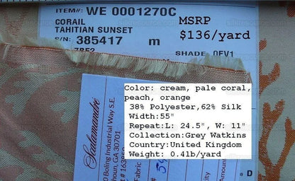 By yard Scalamandre Corail Grey Watkins Tahitian Sunset Orange Peach Coral Pink Cream MSRP USD 136/y