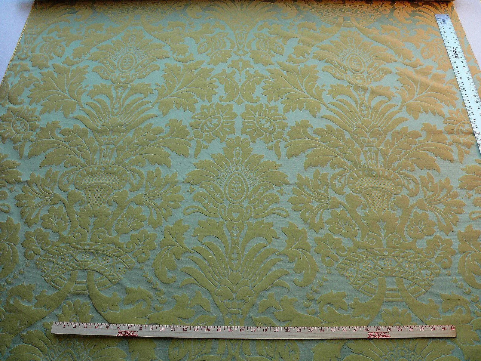 15.3Y SCALAMANDRE LOGGIA-COPPER SILK DAMASK AQUA GOLD MSRP$308/Y