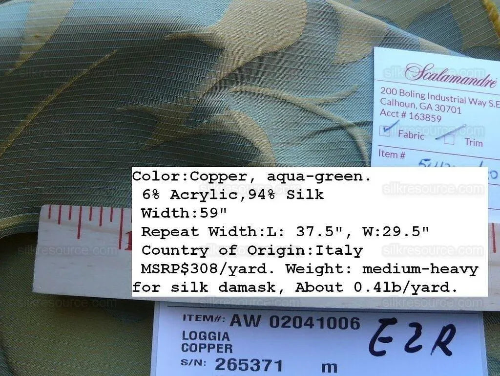 Scalamandre Loggia-copper Silk Damask Aqua Gold MSRP USD 308/Y