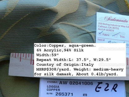 Scalamandre Loggia-copper Silk Damask Aqua Gold MSRP USD 308/Y