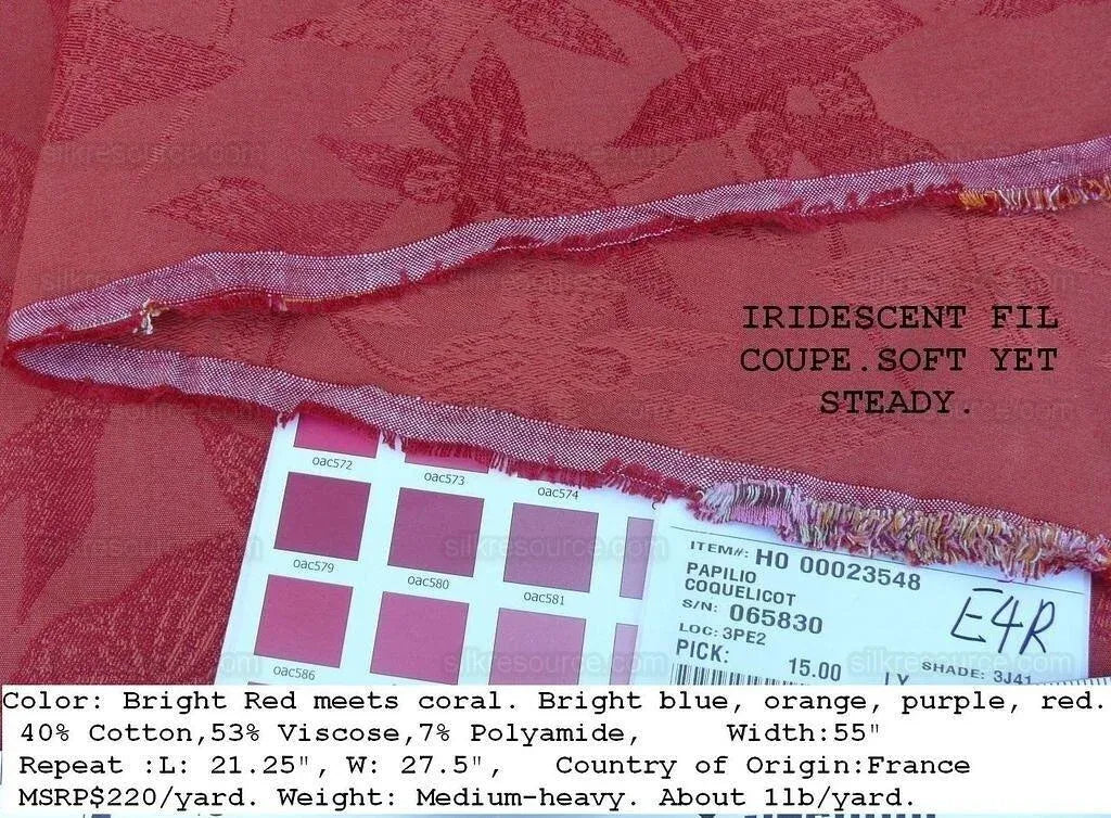 Scalamandre Papilio Coquelicot Butterfly Fil Coup MSRP USD 220/Y