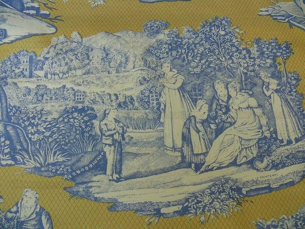 Scalamandre Four Seasons Toile Print Gold Blue English Country Historical Design MSRP USD236/Y