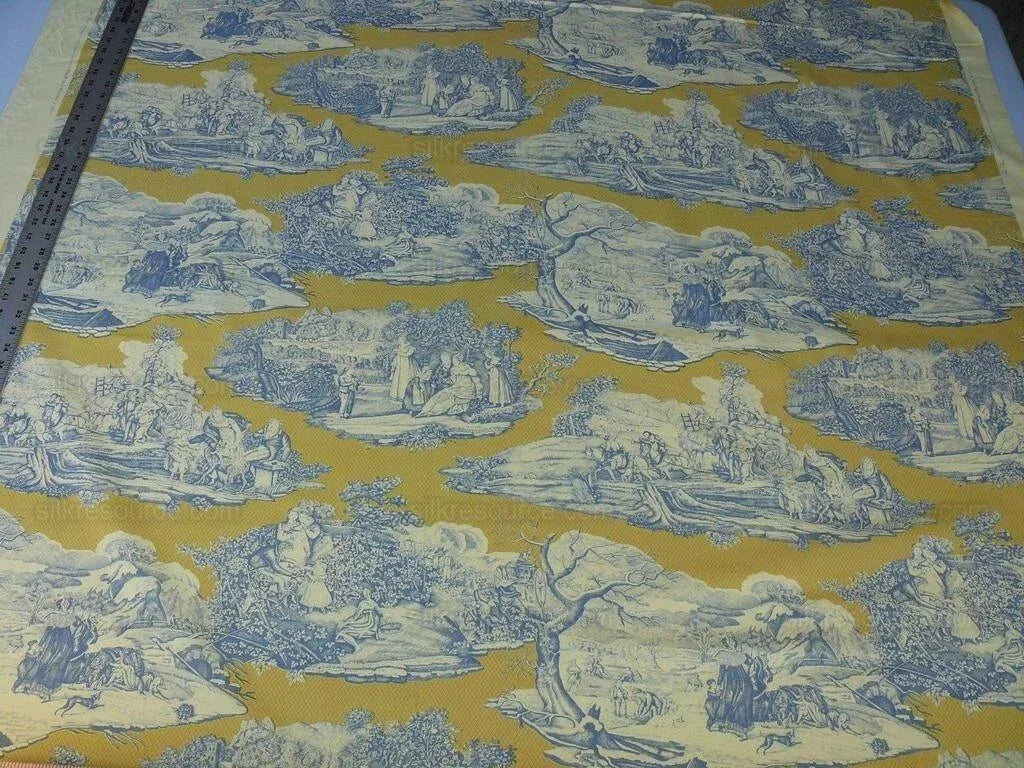 Scalamandre Four Seasons Toile Print Gold Blue English Country Historical Design MSRP USD236/Y