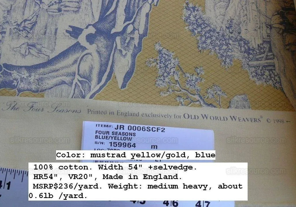 Scalamandre Four Seasons Toile Print Gold Blue English Country Historical Design MSRP USD236/Y