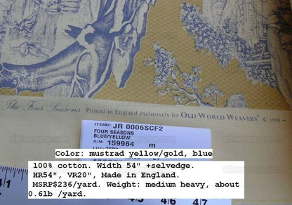 Scalamandre Four Seasons Toile Print Gold Blue English Country Historical Design MSRP USD236/Y