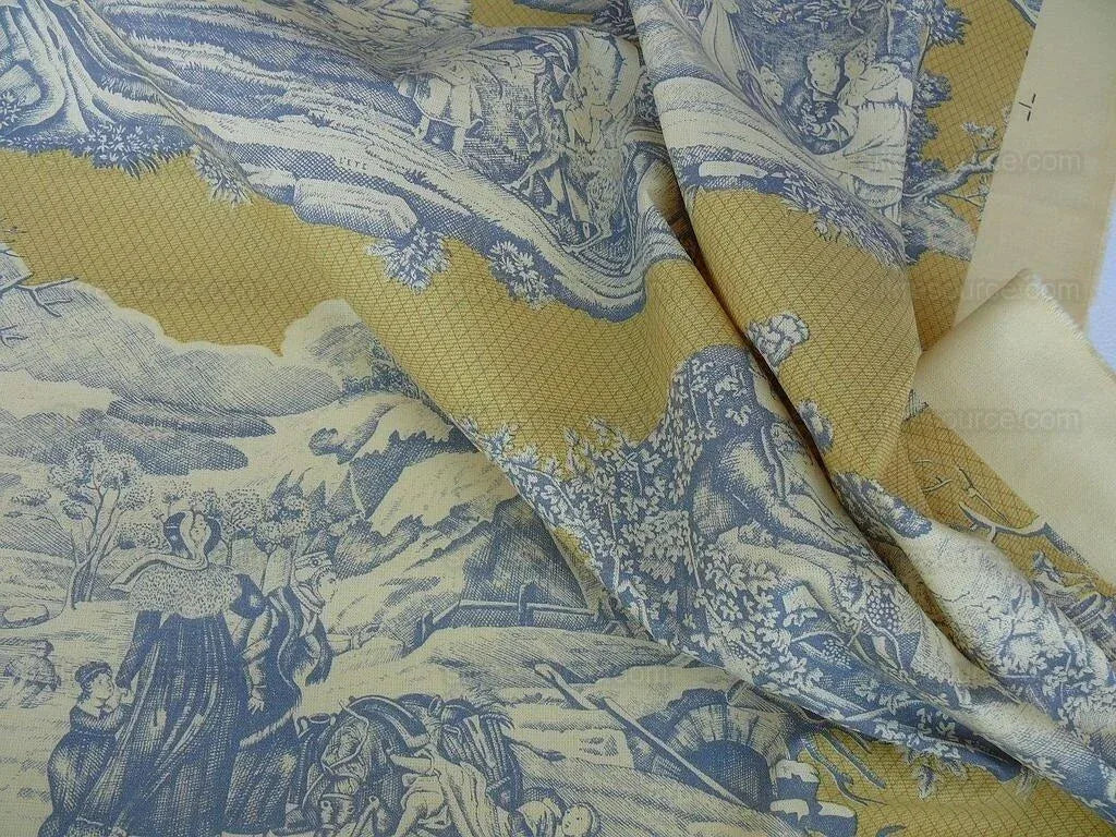 Scalamandre Four Seasons Toile Print Gold Blue English Country Historical Design MSRP USD236/Y