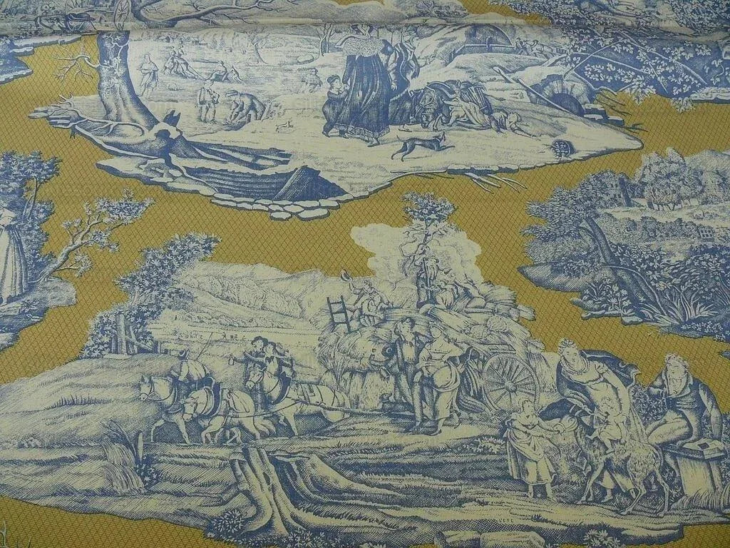 Scalamandre Four Seasons Toile Print Gold Blue English Country Historical Design MSRP USD236/Y