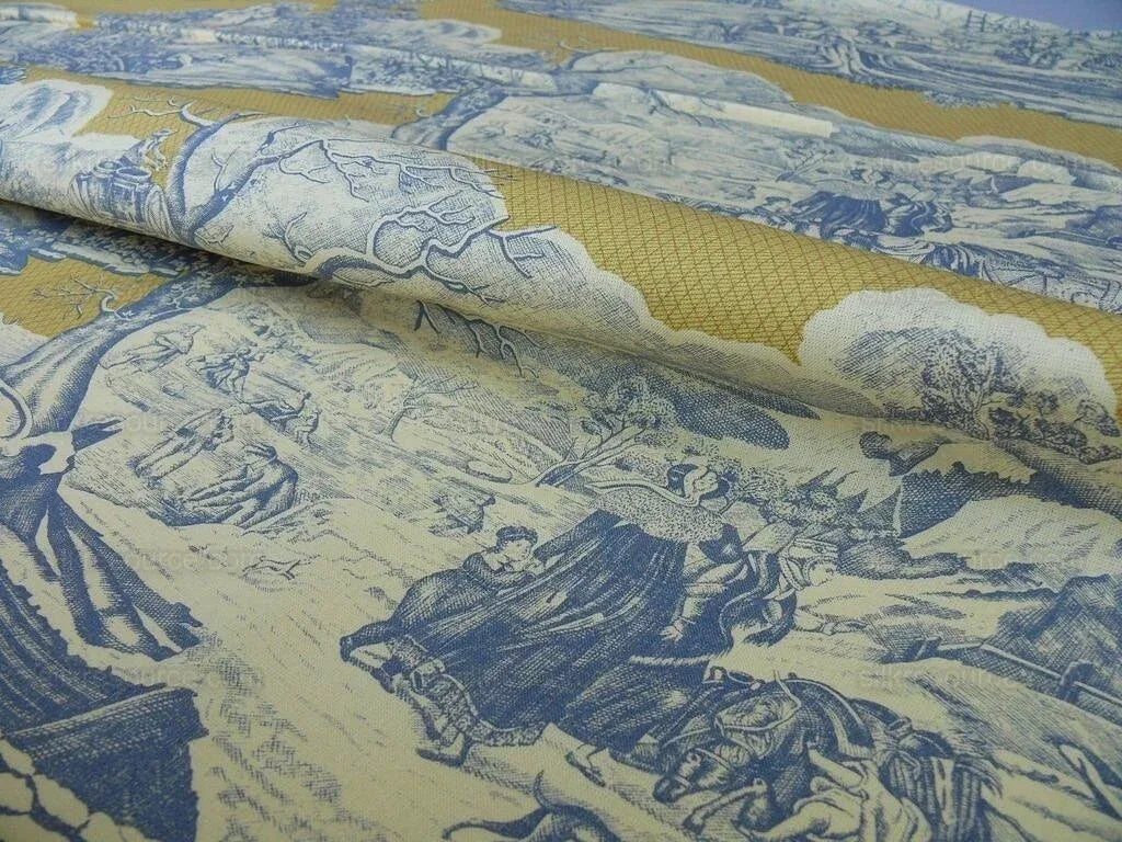 Scalamandre Four Seasons Toile Print Gold Blue English Country Historical Design MSRP USD236/Y