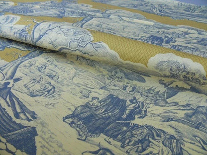 Scalamandre Four Seasons Toile Print Gold Blue English Country Historical Design MSRP USD236/Y