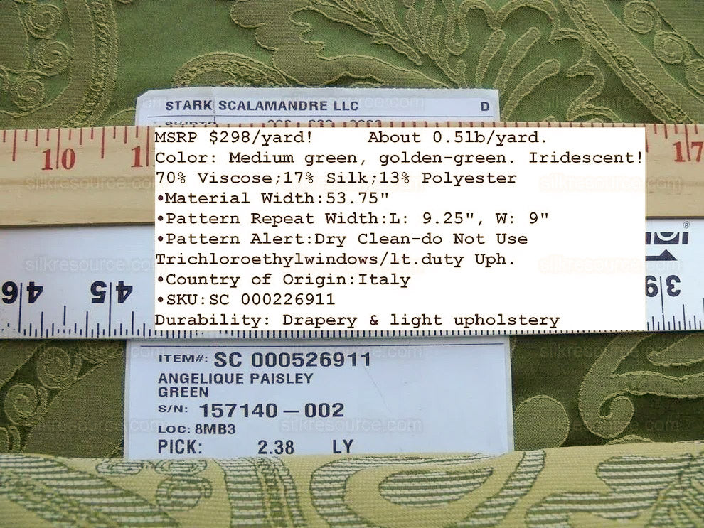 Bty Scalamandre Angelique Paisley Silk Damask Green Gold MSRP USD 298/y
