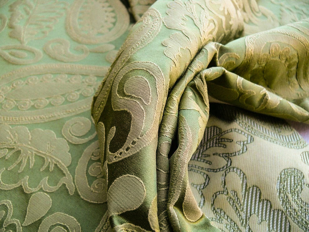 Bty Scalamandre Angelique Paisley Silk Damask Green Gold MSRP USD 298/y