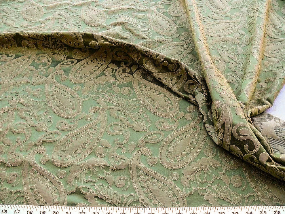 Bty Scalamandre Angelique Paisley Silk Damask Green Gold MSRP USD 298/y