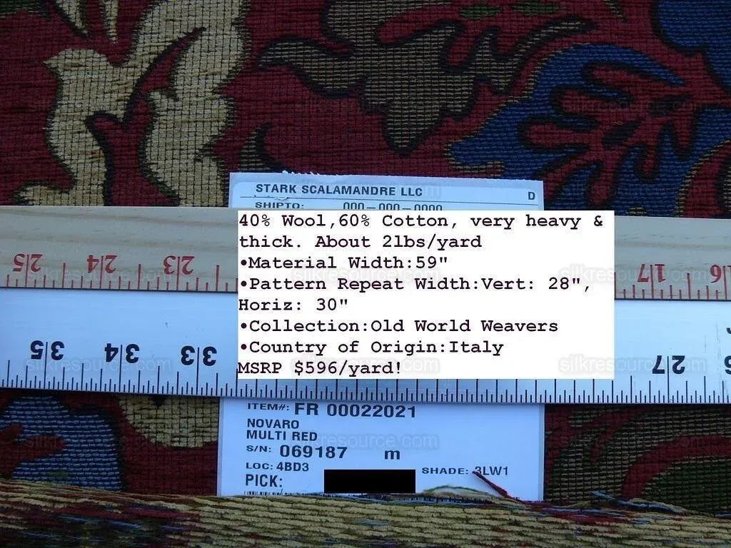 0.5y Scalamandre Novaro Tapestry Wool Multi Red Thick MSRP USD 596Y