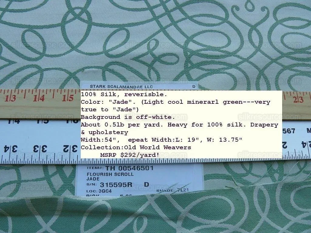 By Yd Scalamandre Flourish Scroll Jade Green White Silk Jarquard MSRP USD 292/Y