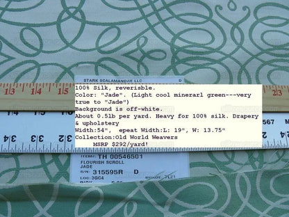 By Yd Scalamandre Flourish Scroll Jade Green White Silk Jarquard MSRP USD 292/Y