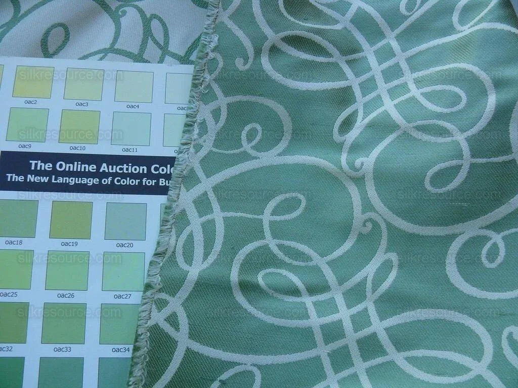 By Yd Scalamandre Flourish Scroll Jade Green White Silk Jarquard MSRP USD 292/Y