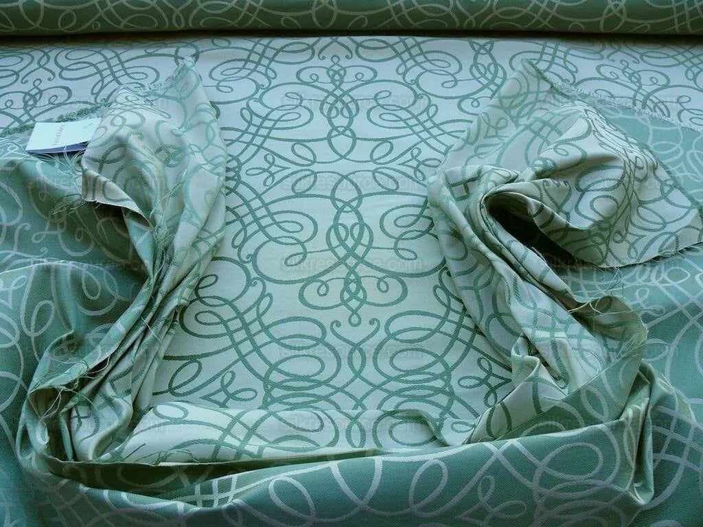 By Yd Scalamandre Flourish Scroll Jade Green White Silk Jarquard MSRP USD 292/Y