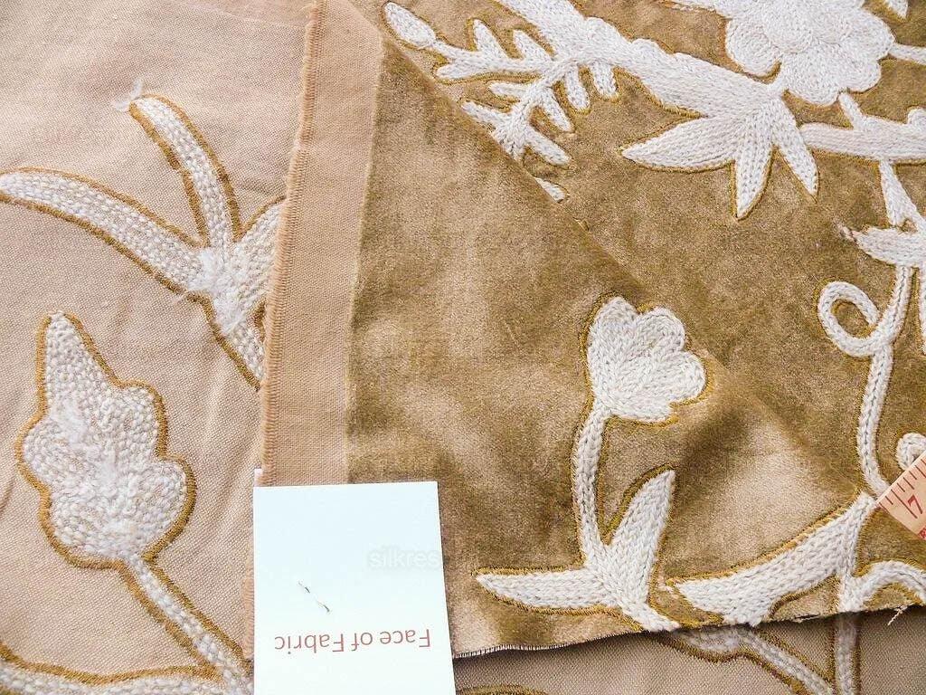 Bty Scalamandre Sikandra Velour Crewel On Velvet Hand Embroidery Wool on Cotton Gold and White MSRP USD 568/Y