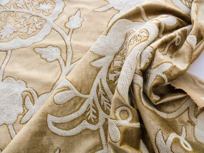 Bty Scalamandre Sikandra Velour Crewel On Velvet Hand Embroidery Wool on Cotton Gold and White MSRP USD 568/Y