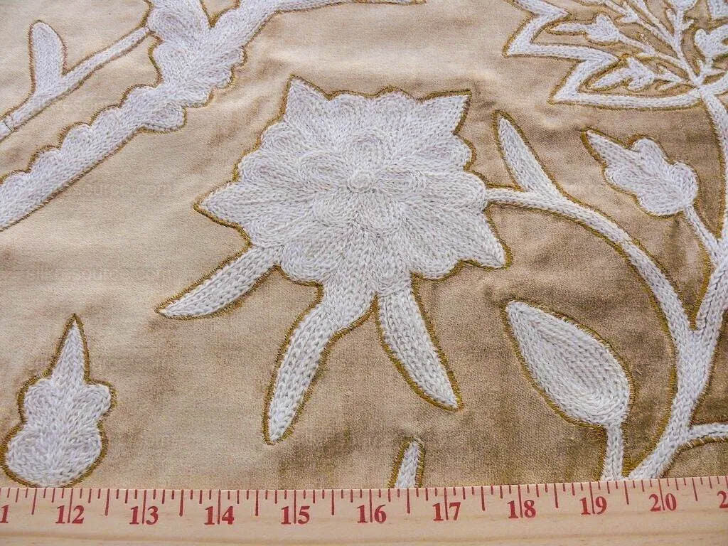 Bty Scalamandre Sikandra Velour Crewel On Velvet Hand Embroidery Wool on Cotton Gold and White MSRP USD 568/Y