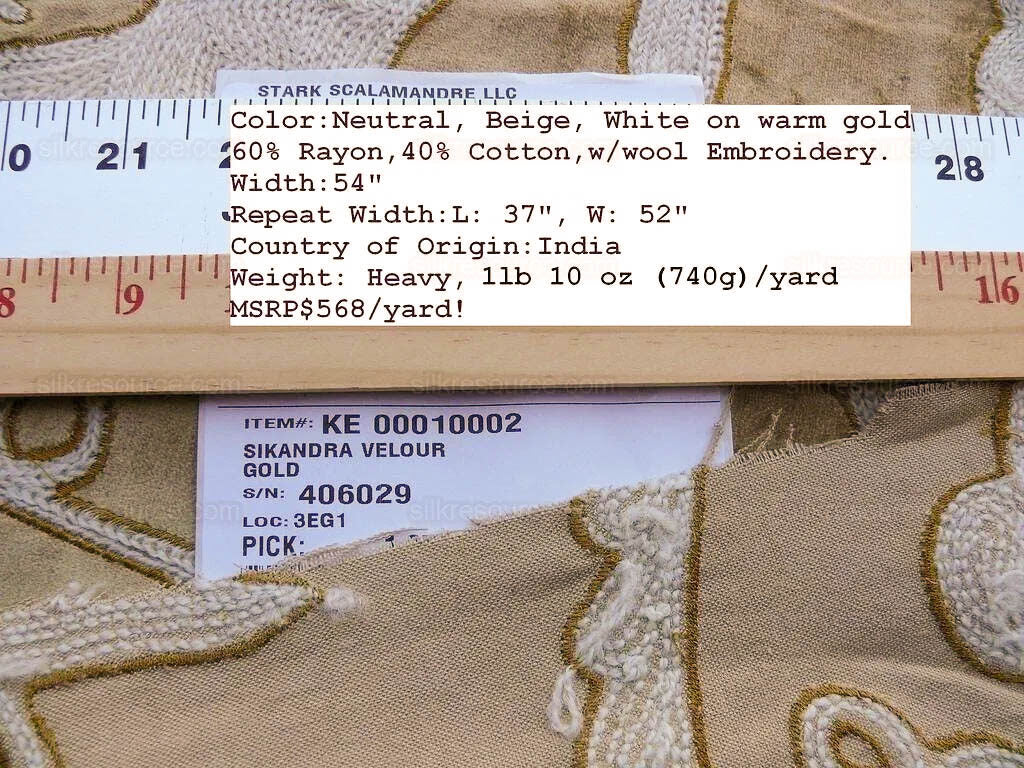 Bty Scalamandre Sikandra Velour Crewel On Velvet Hand Embroidery Wool on Cotton Gold and White MSRP USD 568/Y