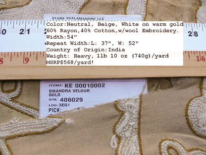 Bty Scalamandre Sikandra Velour Crewel On Velvet Hand Embroidery Wool on Cotton Gold and White MSRP USD 568/Y