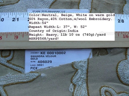 3y Scalamandre Sikandra Velour Crewel On Velvet Gold MSRP USD 568