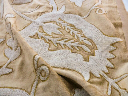 Bty Scalamandre Sikandra Velour Crewel On Velvet Hand Embroidery Wool on Cotton Gold and White MSRP USD 568/Y