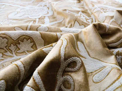 Bty Scalamandre Sikandra Velour Crewel On Velvet Hand Embroidery Wool on Cotton Gold and White MSRP USD 568/Y