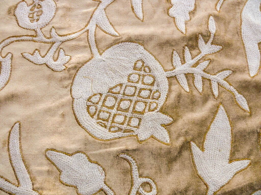 Bty Scalamandre Sikandra Velour Crewel On Velvet Hand Embroidery Wool on Cotton Gold and White MSRP USD 568/Y