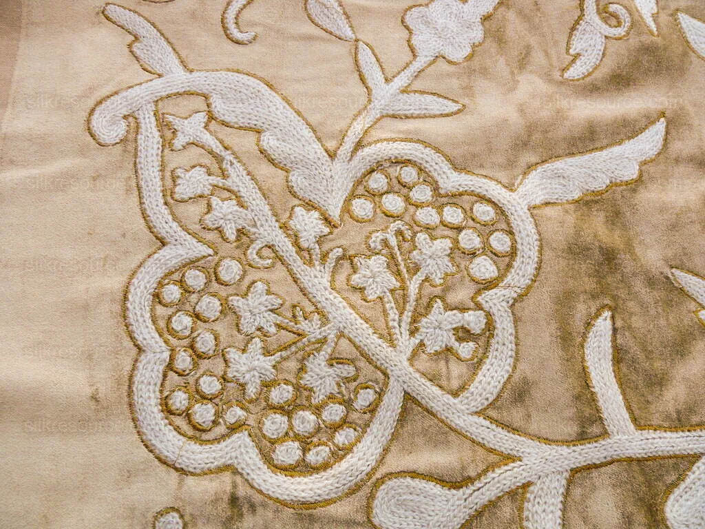 Bty Scalamandre Sikandra Velour Crewel On Velvet Hand Embroidery Wool on Cotton Gold and White MSRP USD 568/Y