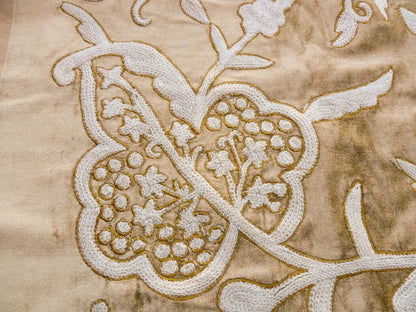 Bty Scalamandre Sikandra Velour Crewel On Velvet Hand Embroidery Wool on Cotton Gold and White MSRP USD 568/Y